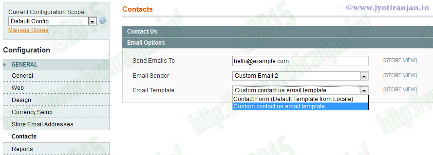 Settings for selecting contact us email template