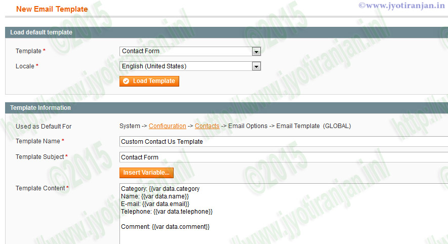 Settings for creating custom contact us email template